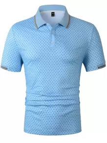 Manfinity Homme Áo thun có cổ Nam Nút phía trước Chấm bi Công việc - Màu xanh lam - Xem 4