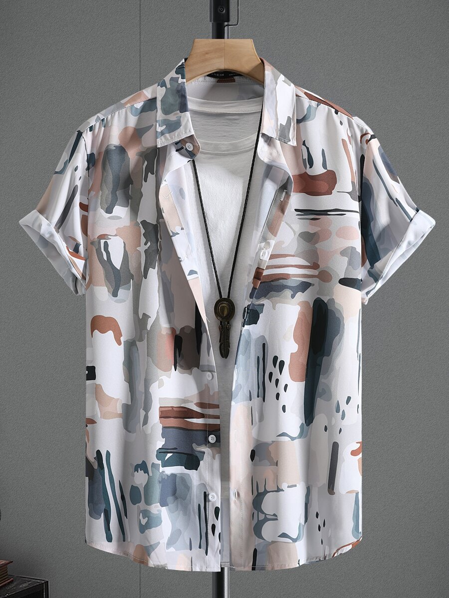 Manfinity Homme 男性全印花衫，不附贈T卹，短袖圖案假日休閒衫 - 彩色 - 查看 1