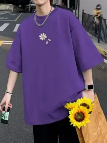 Claim Dot Men T-Shirts Baggy Crew Neck Drop Shoulder Short Sleeve Graphic Tee Floral Casual Summer Polyester - Purple - View 1