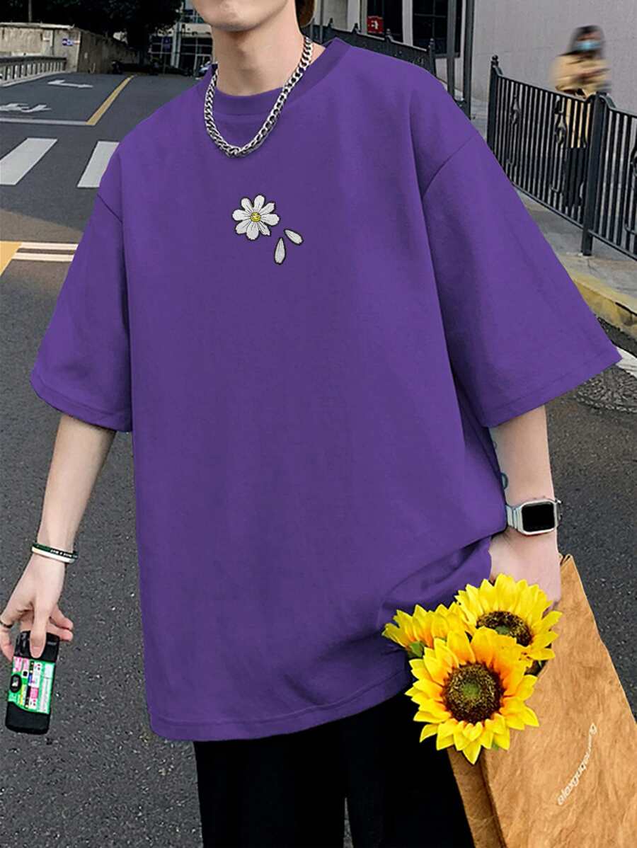 Claim Dot Men T-Shirts Baggy Crew Neck Drop Shoulder Short Sleeve Graphic Tee Floral Casual Summer Polyester - Purple - View 1