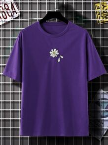 Claim Dot Men T-Shirts Baggy Crew Neck Drop Shoulder Short Sleeve Graphic Tee Floral Casual Summer Polyester - Purple - View 3