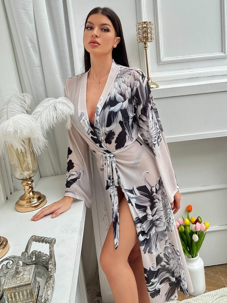 Floral Print Belted Mesh Robe - Multicolor - View 1