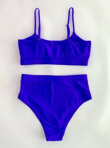 SHEIN Swim 夏季海滩单色比基尼套装褶皱胸围吊带上衣和高腰下装 2 件套比基尼 - 寶藍色 - 查看 2