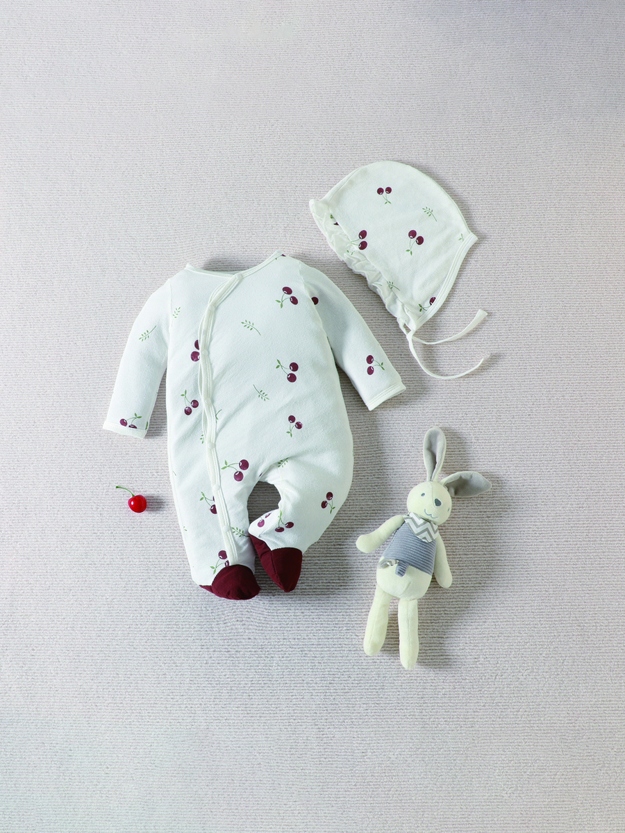 Baby Cherry Print Footed Sleep Jumpsuit - White - View 1