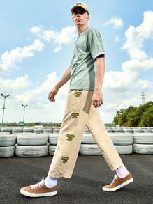 Manfinity Hypemode 男子寬鬆字母圖形束腰長褲 - 杏色 - 查看 4