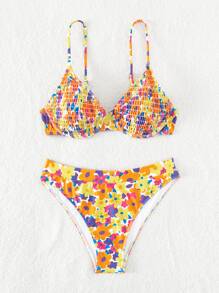 Random Floral Print Smocked Underwire Summer Beach Bikini Set - Multicolor - View 3