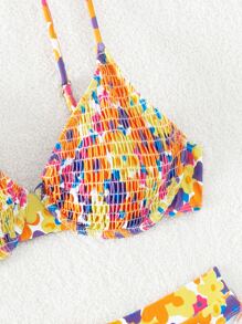Random Floral Print Smocked Underwire Summer Beach Bikini Set - Multicolor - View 5