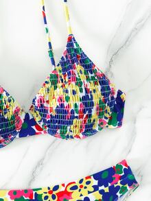 SHEIN Swim Random Floral Print Smocked Underwire Summer Beach Bikini Set - Multicolor - View 3