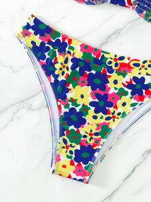 SHEIN Swim Random Floral Print Smocked Underwire Summer Beach Bikini Set - Multicolor - View 4