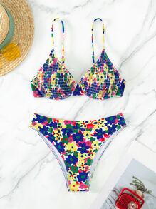 SHEIN Swim Random Floral Print Smocked Underwire Summer Beach Bikini Set - Multicolor - View 5
