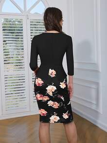 HOMEYEE 雙色不對稱領荷葉邊下擺腰緊身洋裝 - 黑色 - 查看 2