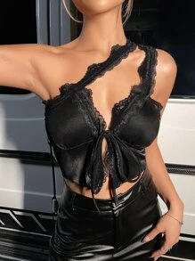 SHEIN ICON Lace Trim Knot Front One Shoulder Crop Top - Black - View 3