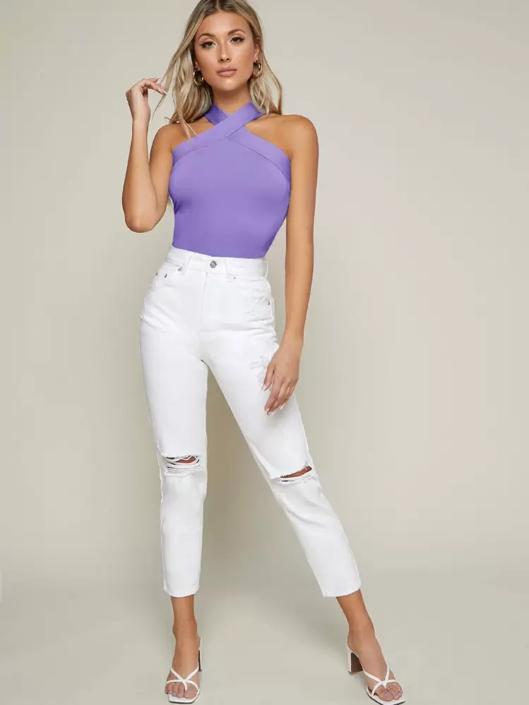 SHEIN BAE Top ras-du-cou unicolore ajusté - Violet - Voir 5