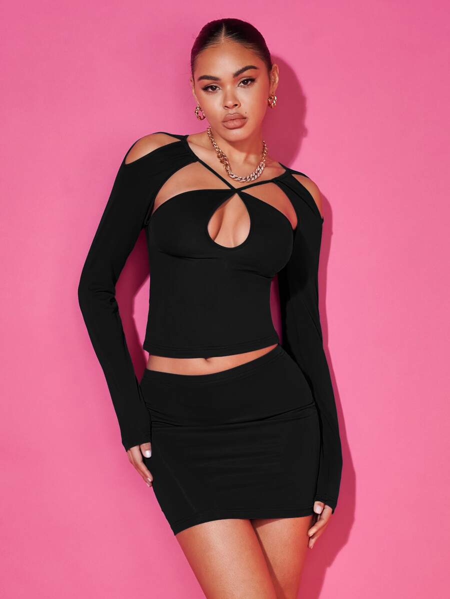 SHEIN BAE Bộ đồ hai mảnh nữ Cắt ra màu trơn Gợi cảm - màu đen - Xem 1