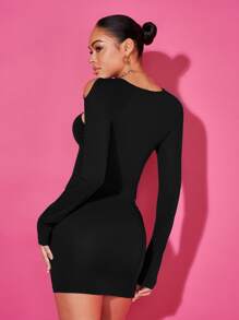 SHEIN BAE Bộ đồ hai mảnh nữ Cắt ra màu trơn Gợi cảm - màu đen - Xem 2