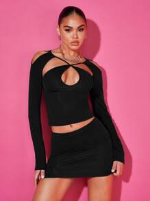 SHEIN BAE Bộ đồ hai mảnh nữ Cắt ra màu trơn Gợi cảm - màu đen - Xem 3