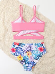 Tween Girl Tropical Print Wrap Bikini Set Summer Beach - Multicolor - View 2