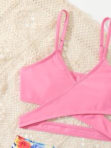 Tween Girl Tropical Print Wrap Bikini Set Summer Beach - Multicolor - View 3