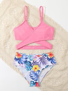 Tween Girl Tropical Print Wrap Bikini Set Summer Beach - Multicolor - View 5
