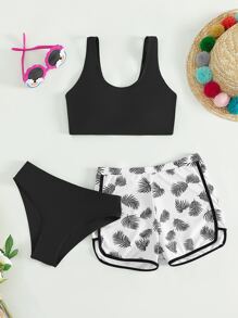 SHEIN Bộ bikini in họa tiết nhiệt đới dành cho nữ tuổi teen với quần short đi biển Bãi biển mùa hè - Đen và trắng - Xem 1