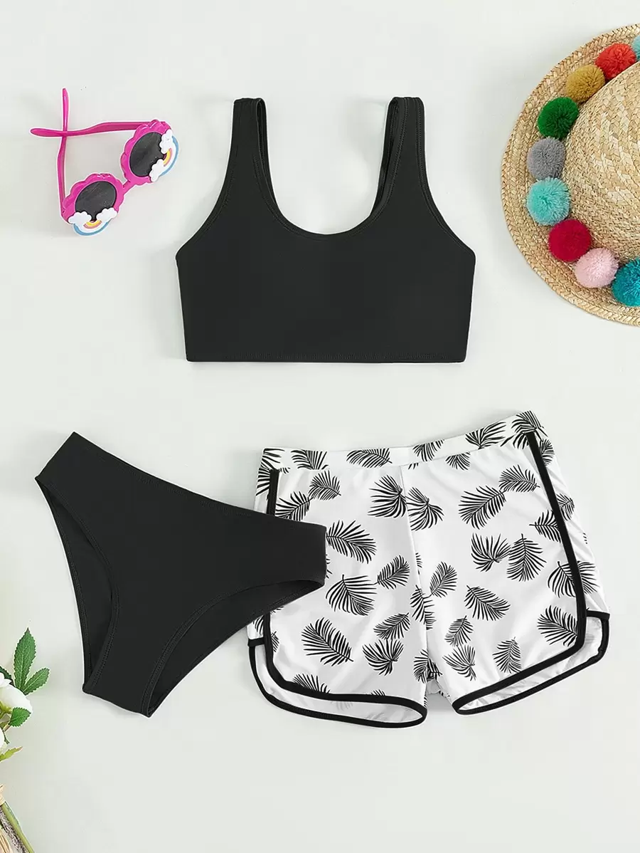 SHEIN Bộ bikini in họa tiết nhiệt đới dành cho nữ tuổi teen với quần short đi biển Bãi biển mùa hè - Đen và trắng - Xem 1