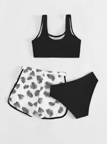 SHEIN Bộ bikini in họa tiết nhiệt đới dành cho nữ tuổi teen với quần short đi biển Bãi biển mùa hè - Đen và trắng - Xem 2