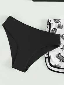 SHEIN Bộ bikini in họa tiết nhiệt đới dành cho nữ tuổi teen với quần short đi biển Bãi biển mùa hè - Đen và trắng - Xem 3