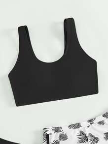 SHEIN Bộ bikini in họa tiết nhiệt đới dành cho nữ tuổi teen với quần short đi biển Bãi biển mùa hè - Đen và trắng - Xem 4