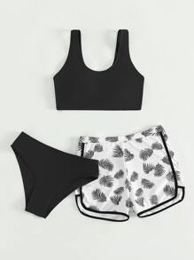 SHEIN Bộ bikini in họa tiết nhiệt đới dành cho nữ tuổi teen với quần short đi biển Bãi biển mùa hè - Đen và trắng - Xem 5
