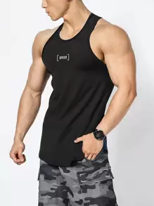 SHEIN Daily&Casual Hombres Top tank deportivo con estampado de letra de espalda nadadora - Negro - Ver 1