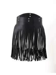 1pc Women's Fashion Fringed Skirt, Sexy Black Leather Bondage Fringe Skirt Waist Belt - Black - View 4