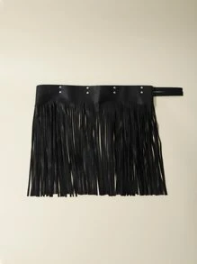 1pc Women's Fashion Fringed Skirt, Sexy Black Leather Bondage Fringe Skirt Waist Belt - Black - View 5