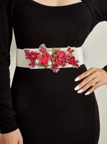 Cinturón flor & con diseño de perla artificial - Blanco - Ver 1