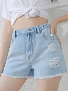 SHEIN 青少年女孩破洞毛邊牛仔短褲