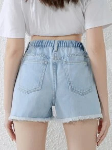 SHEIN 青少年女孩破洞毛邊牛仔短褲