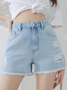 SHEIN 青少年女孩破洞毛邊牛仔短褲