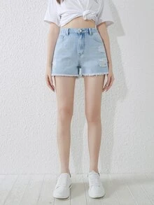 SHEIN 青少年女孩破洞毛邊牛仔短褲