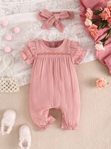 Áo liền quần Em bé Nút Thêu viền lá sen Xù Hoa - Hồng - Xem 1