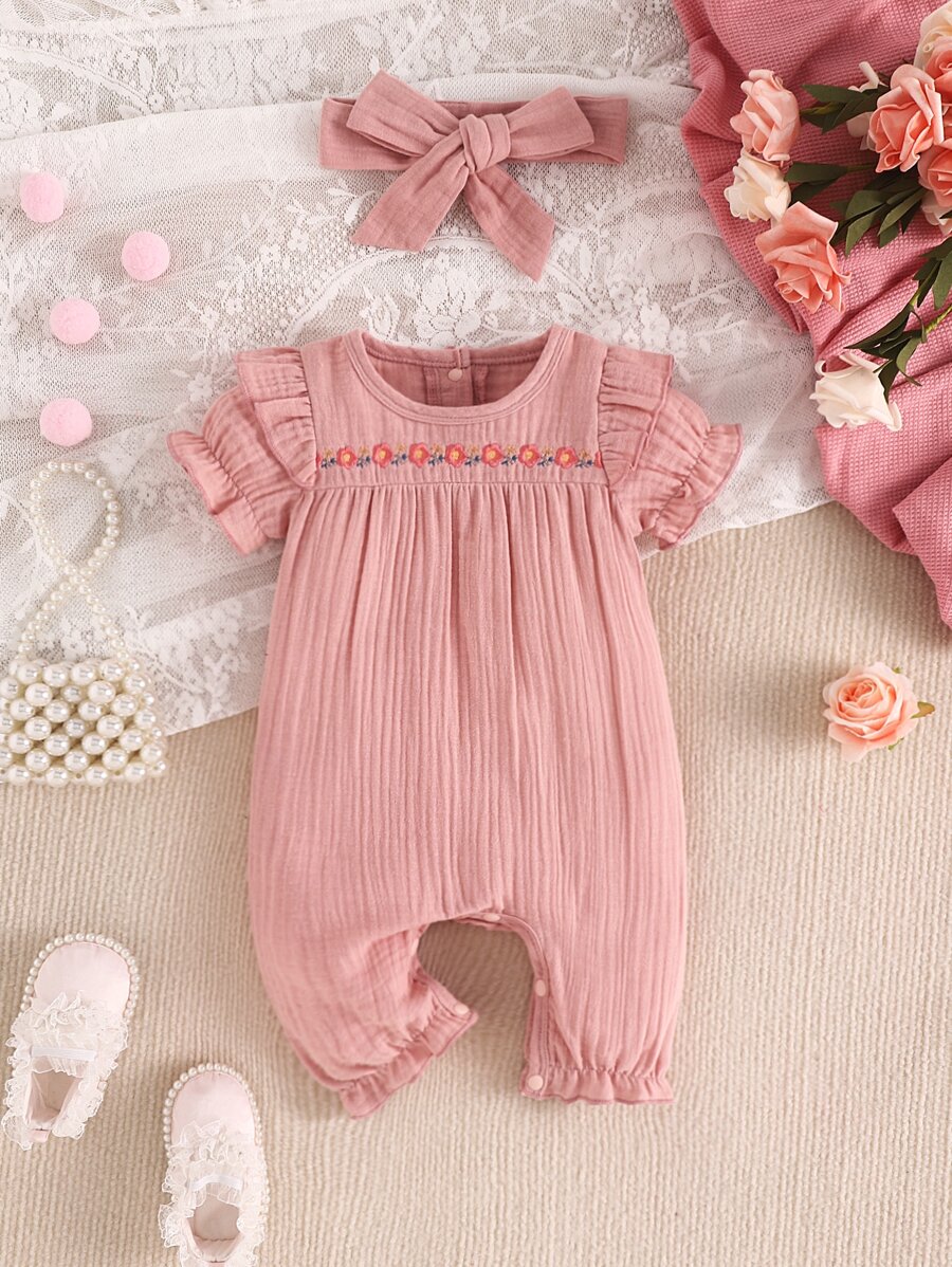 Áo liền quần Em bé Nút Thêu viền lá sen Xù Hoa - Hồng - Xem 1