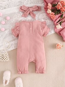 Áo liền quần Em bé Nút Thêu viền lá sen Xù Hoa - Hồng - Xem 2