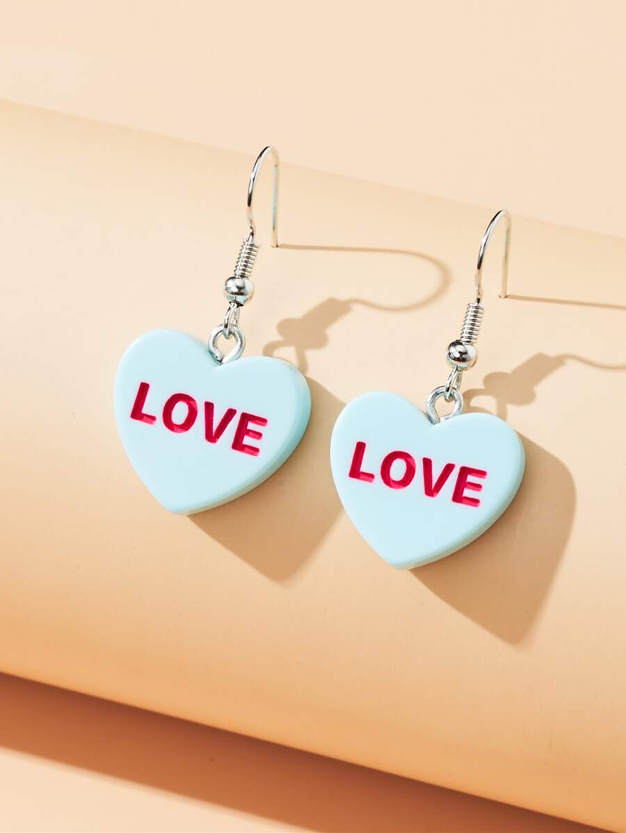 Letter Detail Heart Drop Earrings - Blue - View 1
