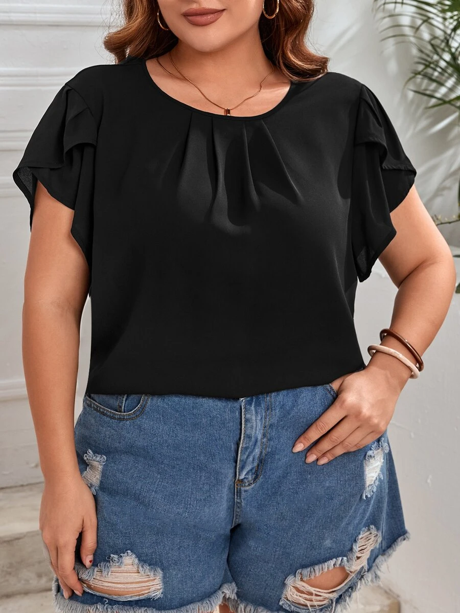 SHEIN LUNE 大碼花瓣袖褶皺細節襯衫 - 黑色 - 查看 1