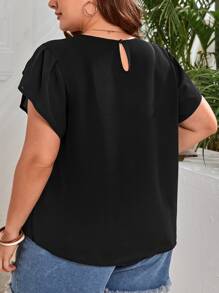 SHEIN LUNE 大碼花瓣袖褶皺細節襯衫 - 黑色 - 查看 2