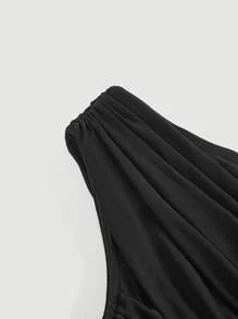 SHEIN MOD Black Date Night Asymmetrical One Shoulder Ruched Crop Top, Spring/Summer Outfits, Festive Wear, Casual Women's Clothing; Perfect For Vacation, Date, Picnic, Party, Prom, Festival, And Birthday; Romantic Vintage Court Style, Elegant, Club Tops, Party Tops, Tea Party, Everyday Wear - Black - View 3