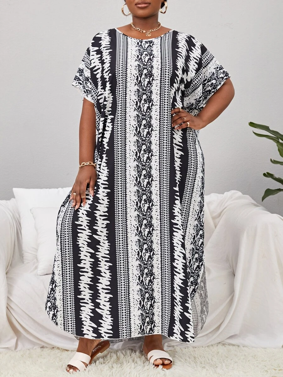 Plus Geo Print Batwing Sleeve Cover Up Dress - Black and White - View 1