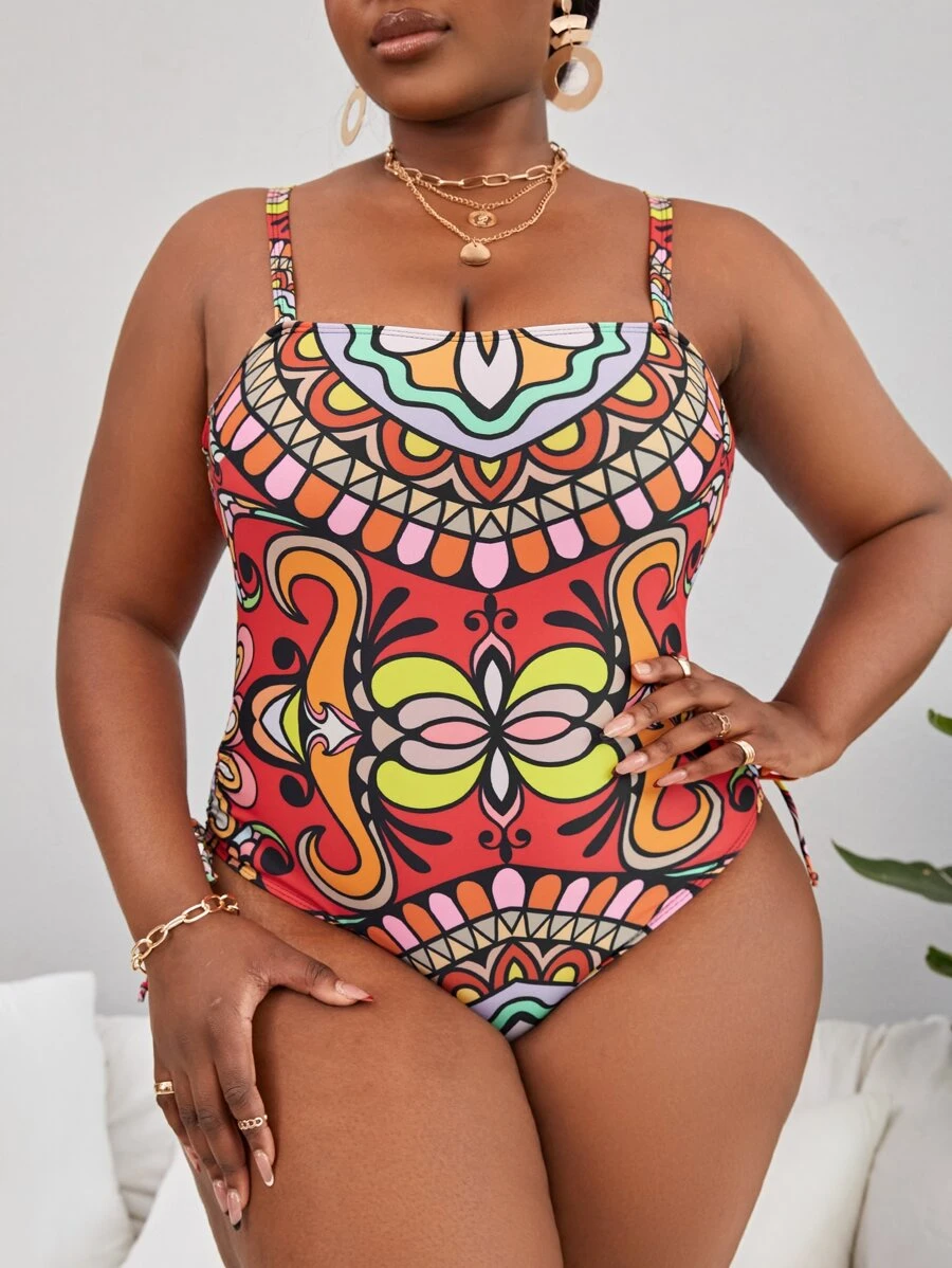 SHEIN Swim Curve 加上花卉印花抽绳侧连体泳衣，适合夏季海滩度假 - 彩色 - 查看 1