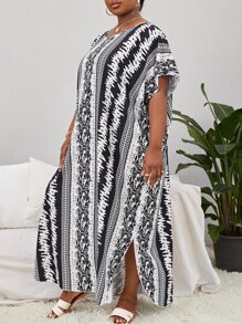 Plus Geo Print Batwing Sleeve Cover Up Dress - Black and White - View 3