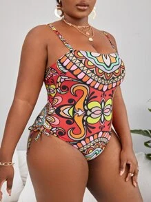 SHEIN Swim Curve 加上花卉印花抽绳侧连体泳衣，适合夏季海滩度假 - 彩色 - 查看 3