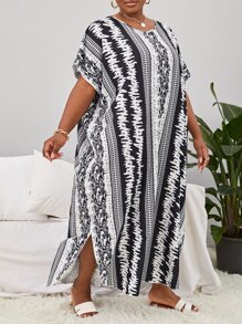 Plus Geo Print Batwing Sleeve Cover Up Dress - Black and White - View 4