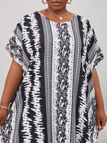 Plus Geo Print Batwing Sleeve Cover Up Dress - Black and White - View 6